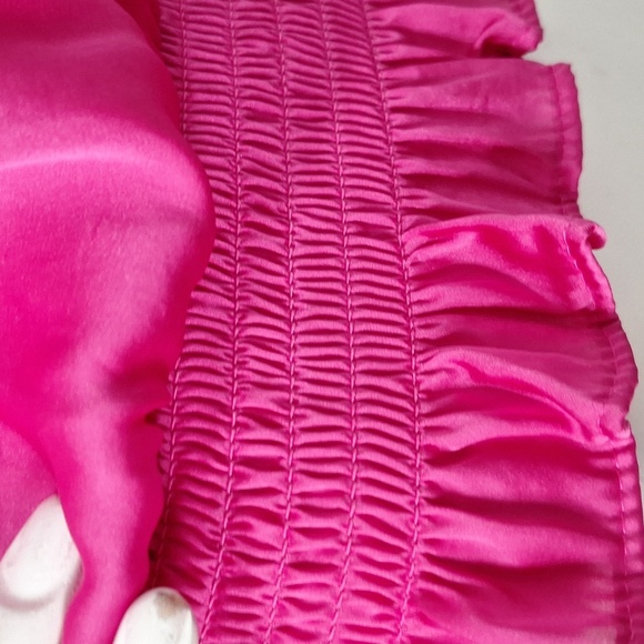 1. State 'NEW" Pink Coquette Romantic Smocked Satin Cold Shoulder Blouse Size XS - Picture 11 of 15